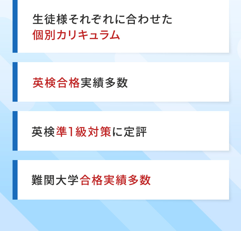 英検準1級対策に定評 | しっかり身につくマンツーマンレッスン | 生徒様それぞれに合わせた個別カリキュラム